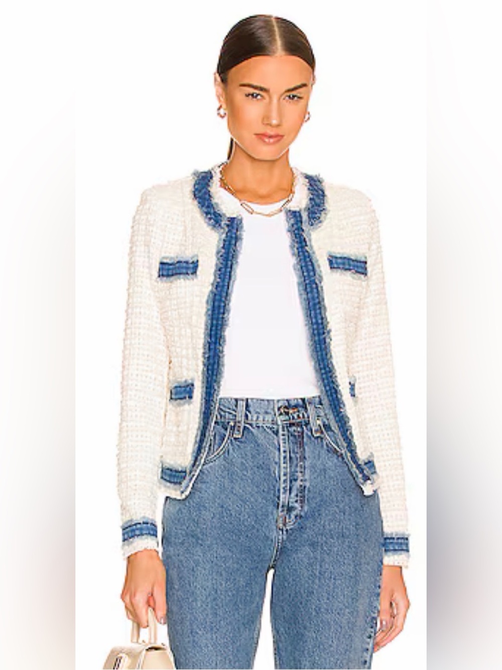 L'AGENCE Agnes Tweed Jacket in Ivory & Pomona Denim Fringe XS